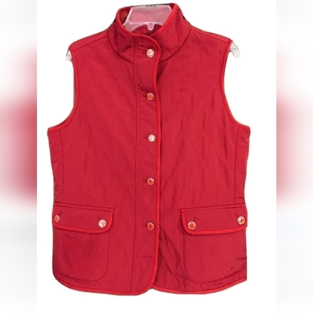 TALBOTS Petite Red Button Down Quilted Vest sz small Gold Talbot Buttons